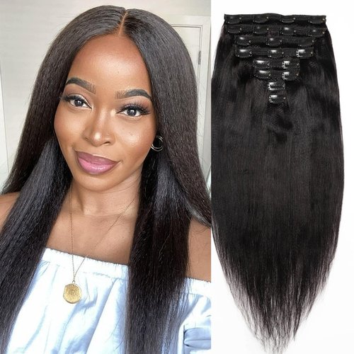 Yaki Straight Clip in 18inch Hair Extensions, 120G Full Head Real Human Hair Clip for Women Seamless Yaki Clip ins Hair Extensions for Thin Hair Natural Black 8Pcs Hair Pieces with Secure Clips