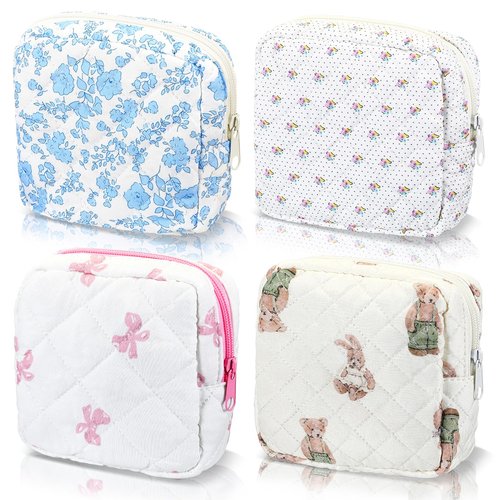 Weewooday 4 Pcs Small Quilted Makeup Bag Travel Cosmetic Makeup Bags Organizer Sanitary Napkin Storage Bag Floral Cotton Coquette Aesthetic Toiletry Bags for Women Girls(5x5x2inch,Novel)