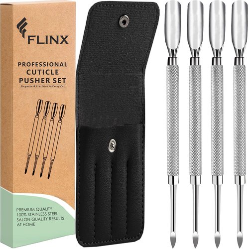 FLINX Metal Cuticle Pusher Tool 4 Pc Nail Manicure Tools Nail tools for Manicure & Pedicure, Metal Cuticle Pushers and Scraper, Nails Cuticles Pusher Cuticle Tools for Nails
