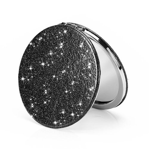 Dynippy Compact Mirror 3.15 inch Double-Sided 1X/2X Magnifying Bulk Pu Leather Makeup Mirrors Round Mirror for Purses Small Pocket Portable Hand Mirror (1, Bling Black, 3.15 * 3.15 inch)
