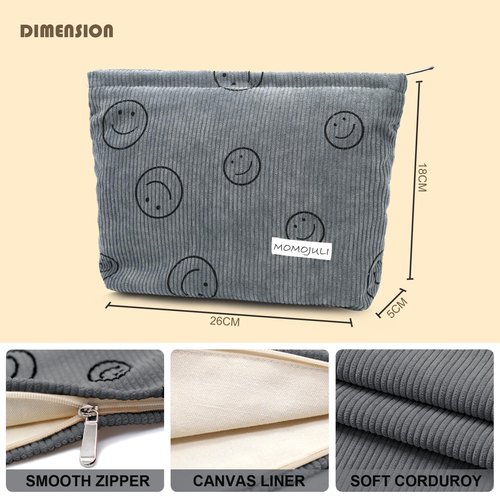 MOMOJULI Corduroy Makeup Bag Cosmestic Bag Large Capacity Ladies Women Aesthetic Make Up Organizer Accessories Zipper Pouch Purse Grey