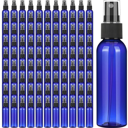 100 Pack 2 Oz Plastic Mini Spray Bottles with Refillable Mist Sprayer for Travel and Household Use for Perfume Essential Oils Cleaning(Blue)