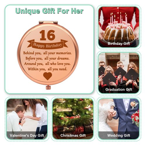 Sweet 16 Gifts for Girls Happy 16th Birthday Gifts for Bestie Niece Daughter 16th Birthday Gift Ideas for Girls Compact Makeup Mirror for BFF Sister Friends 16 Year Old Girl Fete Day Gift