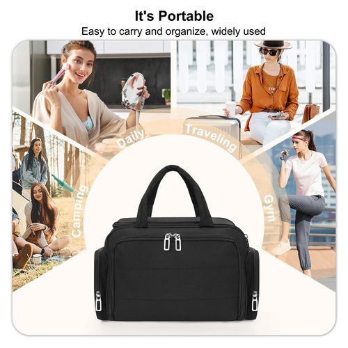 WGEAR Travel Toiletry Bag for Women, Lightweight Wide-open Toiletries Travel Bag with Handle, Large Cosmetic Organizer with Makeup Brushes Compartment for Essentials for Trip, Camping - Black