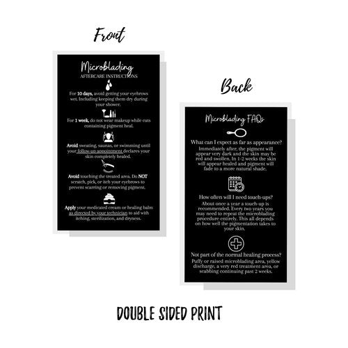 Microblading Aftercare Cards | 50 Pack | Size 3.5 x 2" inches | Disposable FAQ Microblade Printed Certified Recommended Care Instructions | PMU Black with White Icons Design