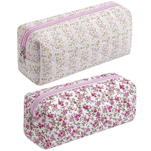 HHQQWZ Cute Floral Cotton Makeup Brush Cosmetic Bag for Women, Travel Quilted Zipper Make Up Bag, Flowers Toiletry Organizer Case Kawaii Makeup Cosmetic Travel Cloth Pouch (Pink+Red Floral)