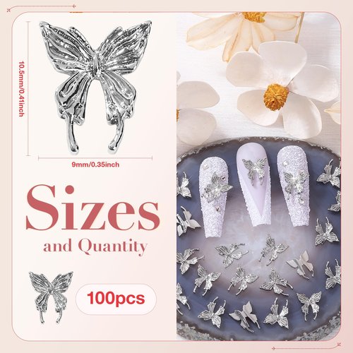 QPRETTY DU 3D Butterfly Nail Charms 100PCS Silver Metal Butterfly Nail and Gems Shiny Nails Art Decoration Supplies Accessories for Acrylic Nails DIY