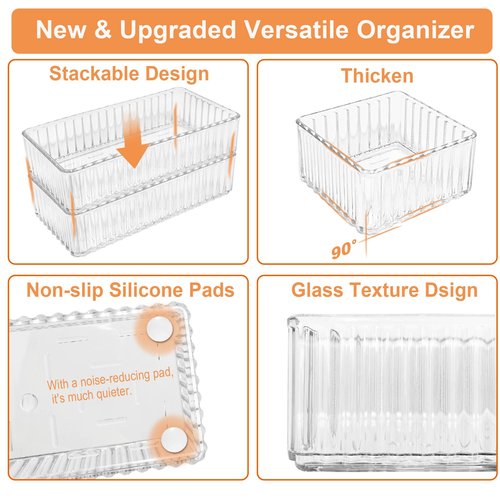 Adoco 7 PCS Clear Drawer Organizers Bins, 4-Size Stackable Makeup Vanity Drawer Organizer Trays, Acrylic Bathroom Drawer Organizer Storage Containers for Cosmetic,Office Supply
