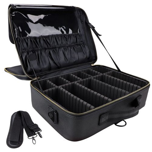 JOURMON Travel Makeup Train Case,Large Capacity Cosmetic Bags for Women,Portable Makeup Bag Organizer with Adjustable Dividers & Shoulder Strap(Black, L)