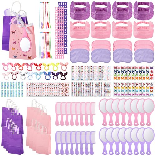 196 Pcs Spa Party Supplies for Girls Multiple Spa Party Favors for Kids Pink Braid Clip Eye Mask Mirror Comb Emery Boards Toe Separator Hairband Nail Sticker Tattoo Sticker Spa Party Favors