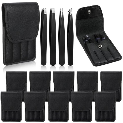 Lasnten 12 Sets Eyebrow Tweezers Set and Curved Scissors, 4 in 1 Professional Stainless Steel Tweezers for Women and Men, Splinter and Ingrown Hair Removal with Travel Case(Black)