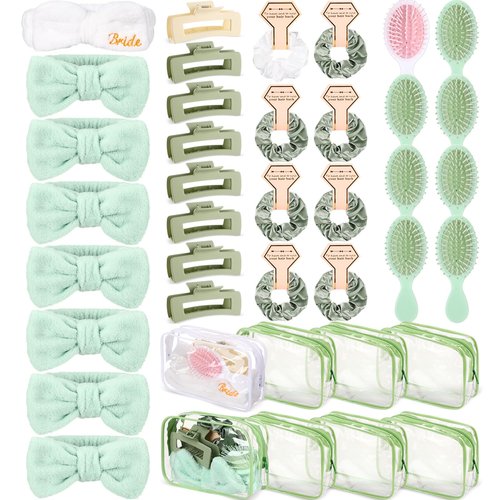 Wavyknot 40 Pcs Bachelorette Favor Set Include Headband Scrunchies Hair Claw Clips Hairbrush and Makeup Bag for Bridal Shower Party Gifts Bridesmaid Wedding Supplies (White and Green)