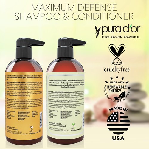 PURA D'OR MD Anti-Thinning Biotin Shampoo & Conditioner Set (16oz x2) Maximum Defense Coal-Tar Strong Scented Hebal Blend Hair Thickening Products For Women & Men, Daily Shampoo For Scalp Health