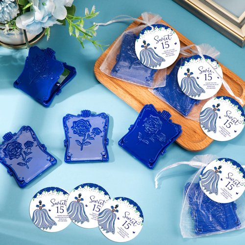 Wenqik 25 Set Quinceanera Party Favors for Guests Include Rose Compact Mirror Quinceanera Card and Organza Bag Mis Xv Años Sweet 15th Birthday Party Favors (Blue)