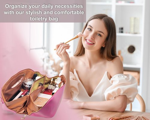 BLESSED Travel Makeup Bag for Women - Large Capacity Cosmetic Organizer, Waterproof Portable Leather Toiletry Pouch with Divider and Handle - Ideal Make up Bag, Toiletry Organizer(Pink)