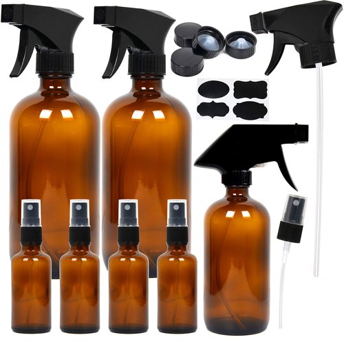 Youngever 7 Amber Glass Spray Bottles, 2 Pack 16 Ounce Empty Amber Spray Bottles, 1 Pack 8 Ounce Amber Spray Glass Bottle and 4 Pack 2 Ounce Glass Amber Spray Bottles for Essential Oils