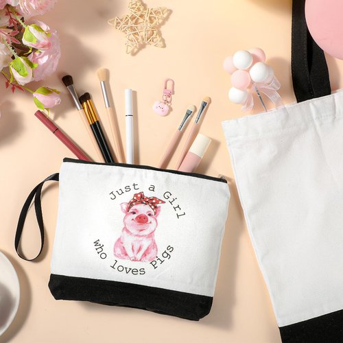 Dansydaisy 3 Pcs Pigs Lover Gift for Women Pink Pig Canvas Tote Bag Travel Cosmetic Bags Keychain Portable Makeup Zipper Pouch with Handle Funny Piggy Shopping Birthday Vbs Housekeepers Week Gift