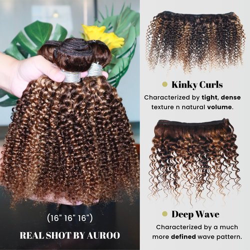 AUROO #P4/27 Highlighted Kinky Curly Single Bundles Human Hair 12Inch, 12A 100% Virgin Honey Blonde Highlight Brazilian Tight Curly Bundles Thick Track Brazilian Ombre Brown Colored Weaves Sew In Remy