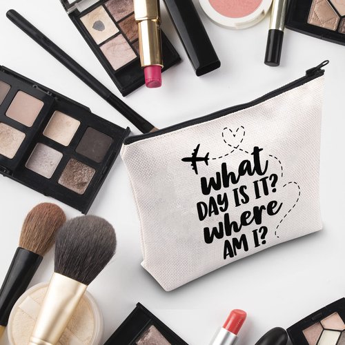 G2TUP Flight Attendant Gift What Day Is It Where Am I Makeup Bag Stewardess Aviation Cosmetic Bag Travel Bag for Stewardess Flight Crew (What Day Is It Where Am I White Bag)