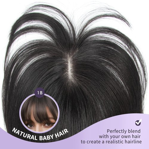 EonLuxe Jet Black Real Human Hair Topper with Bangs Covers Thinning Crown, Receding Hairline for Women 10inch Clip-In Hair Topper for Thinning Hair