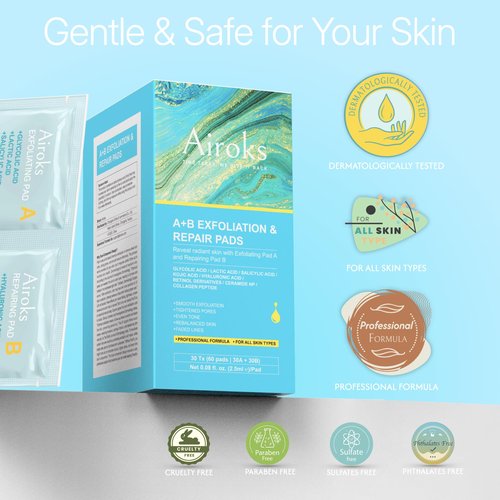 Airoks A+B Exfoliating & Repair Face Pads 30 Tx - 2-Step Acid Peel Serum Treatment with Glycolic, Salicylic, Kojic Acid & Retinol Hyaluronic Peptides for Smooth Skin, Pore Minimizer, Hyperpigmentation
