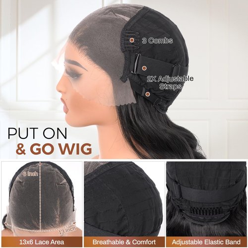 Emistar 16 Inch Body Wave 13x6 HD Lace Front Wigs Blend Human Hair 180% Density Bob Wig Pre Plucked Short Bob Wigs for Black Women Glueless Frontal Wig Synthetic Hair Natural Black Loose Wavy