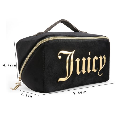 Juicy Couture Black Makeup Bag Cosmetics Organizer Travel Essentials Diagonal Loaf Velour Large Logo