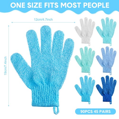 Cuffbow 90 Pcs 45 Pairs Exfoliating Double Sided Bath Gloves with Hanging Loop Colorful Body Shower Gloves for Men Women Beauty Spa Massage Shower Clean Skin Bathing Scrubber Accessories(Blue)