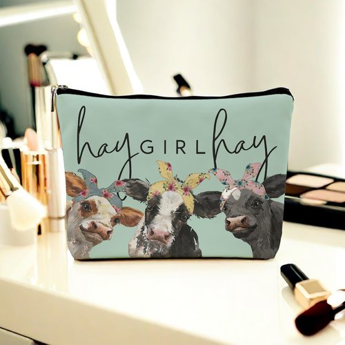 NEGIGA Cow Print Stuff,Cow Makeup Bag,Cow Gifts,Western Makeup Bag,Makeup Bags For Women,Cow Print(Green Pu Leather Cosmetic Bag)