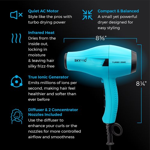 Turbo Ionic Blow Dryer with Attachments | Quiet & Powerful Professional Blow Dryer with Anti Frizz Technology | Tourmaline Hair Dryer with Infrared Heat |Short Barrel Travel Hair Dryer with Diffuser