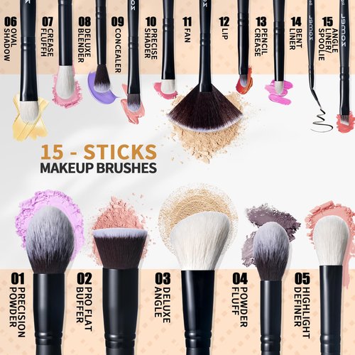 ZAMEL Professional Makeup Brush Set - 15pcs Labeled Black Foundation & Eyeshadow Brushes with Travel Case, Cruelty-Free Premium Synthetic hair Soft Bristles, Ideal for Women & Makeup Lovers