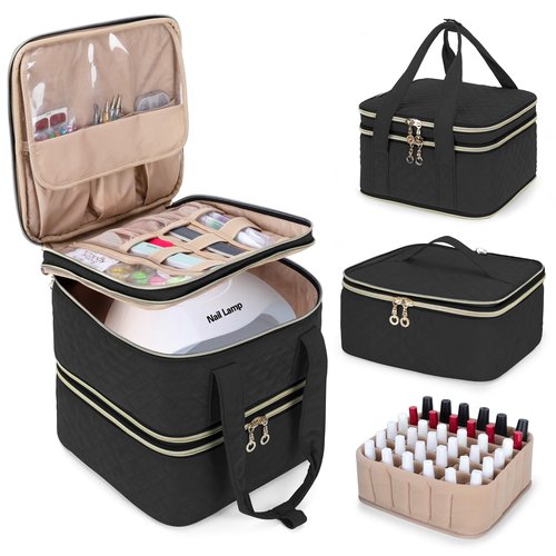 Yarwo Nail Polish Organizer Case Holds 72 Bottles (15ml/0.5 fl.oz), Detachable 3 Layers Nail Polish Storage Bag with Removable dividers for Nail Lamp and Nail Art Manicure Tools, Black (Bag Only)