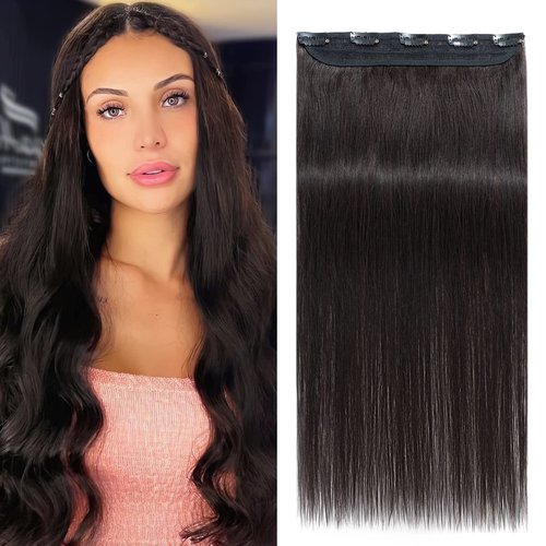 Benehair Clip-in Hair Extensions Real Human Hair Black Straight 3/4 Full Head 5 Clips 18 Inch One Piece for Women with Thinning Hair #1B Natural Black