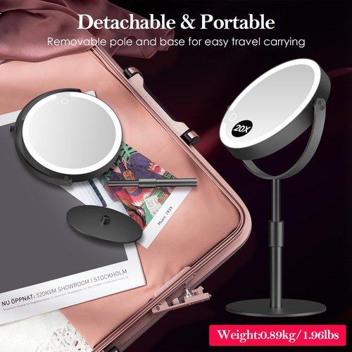 PEDOMIROR Led Makeup Mirror with Lights, 20X Magnifying Mirror, Rechargeable Magnified Makeup Mirror with 360°Rotation & Height Adjustable, Detachable Vanity Mirror(Black)