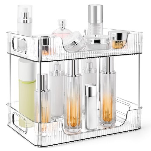 TENDER EPOCH 2-Tier Bathroom Counter Organizer Countertop Storage, Dresser Organizer Vanity Tray for Makeup, Perfume Organizer Cosmetics Skincare Shelf- Clear