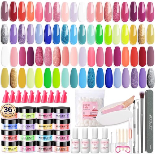 AZUREBEAUTY 170Pcs Dip Powder Nail Kit, 36 Color Neon Bright Blue Yellow with Dipping Powder Base/top Coat Activator Liquid Set & Removel Kit for French Nail Art Salon DIY Home