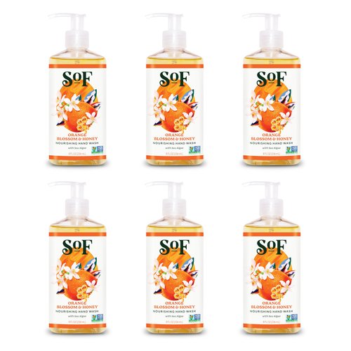 SoF Nourishing Hand Wash - With Moisturizing Sea Algae, Coconut & Olive Oil- Vegan & Non GMO- Free From Phthalates, Sulfates & Parabens- Orange Blossom & Honey - 8 oz Bottle 6 Pack