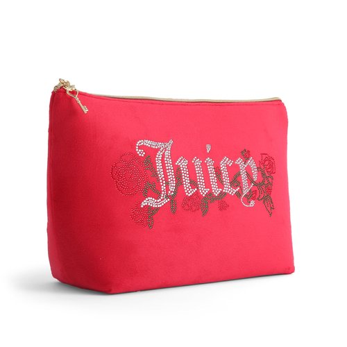 Juicy Couture Red Makeup Bag Cosmetics Organizer Travel Essentials Top Zip Pouch Velour Rhinestone Roses