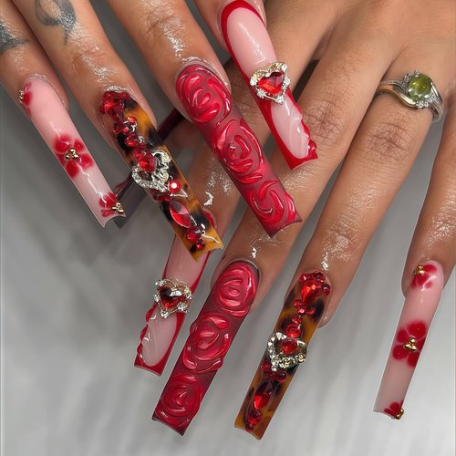 136PCS Gold Nail Charms and Gems,Heart,Cross,Rose,Starburst,Virgin Mary Charms for Nails Design,3D Alloy Y2k Nail Jewels Bulk Red and Clear Rhinestones Nail Art Decor Set