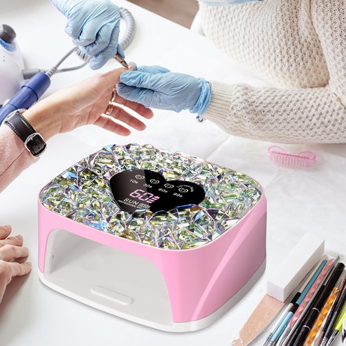 LIMEGIRL UV LED Nail Lamp Kit for Gel Polish Professional Fast Pink Diamond Design Curing Dryer Light Set with 4 Timers and Gloves Cordless Rechargeable Nail Art Cure Machine at Home and Salon