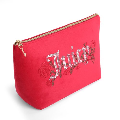 Juicy Couture Red Makeup Bag Cosmetics Organizer Travel Essentials Top Zip Pouch Velour Rhinestone Roses