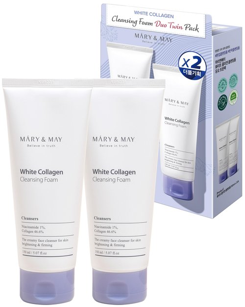 Mary&May White Collagen Cleansing Foam Duo Twin Pack - Deep Cleansing, Hydrating Formula for Firm and Radiant Skin with Niacinamide - Korean Skincare, EWG Green Grade, Hypoallergenic