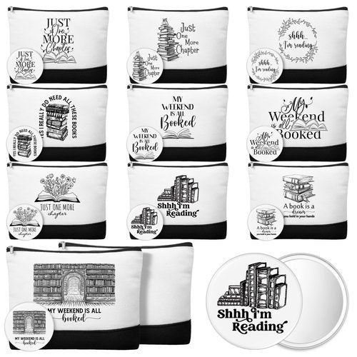 Paterr 20 Pcs Book Lover Gifts for Women Inspirational Canvas Makeup Bag with Zipper and Mini Compact Mirrors Thank You Gift for Book Club Reading Student Teacher Librarian Writer