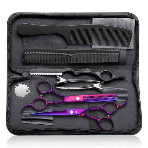 PURPLEBIRD Hair Cutting Kit, Professional Barber Scissors and Thinners Set - Stainless Steel Hair Scissors and 10 Pcs Purple for Men, Women and Pets