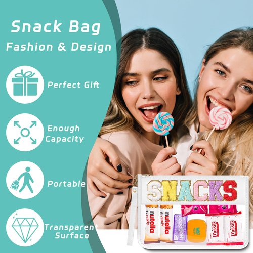 YEMEDA Clear Zipper Pouch PVC Waterproof Nylon Makeup Letter Bag for Women Girls Chenille Letter, for Travel, Cosmetic Bag, Snack Bags, Clear Stuff Bags, For Travel,（White-Snacks）