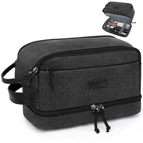 ZOMFELT Travel Toiletry Bag for Men, Canvas Hanging Toiletry Bag Shaving Dopp Kit Water Resistant Bathroom Shower Bag with Double Layer, Makeup Cosmetic Hygiene Bag for Toiletries Accessories, Black