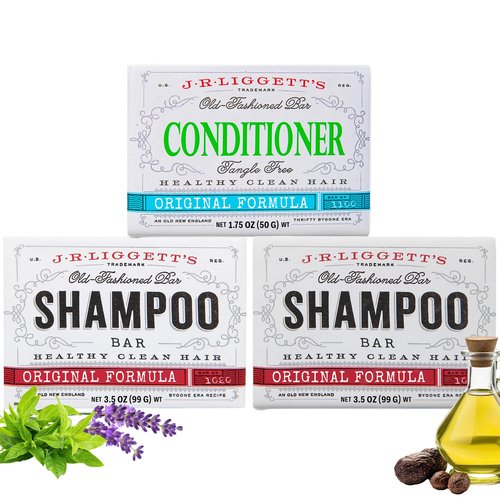 J.R.LIGGETT’S Shampoo and Conditioner Bar - Conditioner 1.75 oz + 2 Original Formula Solid Shampoo Bar 3.5 oz - All-Natural Plant-Based Ingredients for Clean Soft Tangle-Free Hair, 3 Pac