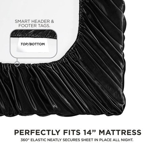 Juicy Couture Twin Size Satin Bed Sheet Set, Deep Pocket Silky Twin Sheet Set with 1 Fitted Sheet, 1 Flat Sheet and 1 Pillow Case, Wrinkle Resistant and Anti Pilling Bed Sheets - Black