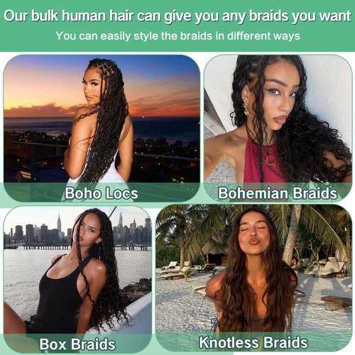 Human Braiding Hair for Boho Braids 120g 3 Bundles Deep Wave Curly Bulk Human Hair for Braiding Knotless Bohemian Natural Color (1B, 22 Inch)
