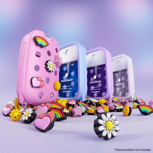 Touchland x Crocs Limited Edition Mist Case 1 Fl. OZ., Stylish Hand Sanitizer Spray Accessory, with 5 Jibbitz Charms and Keyring, Sugarpop Pink Color